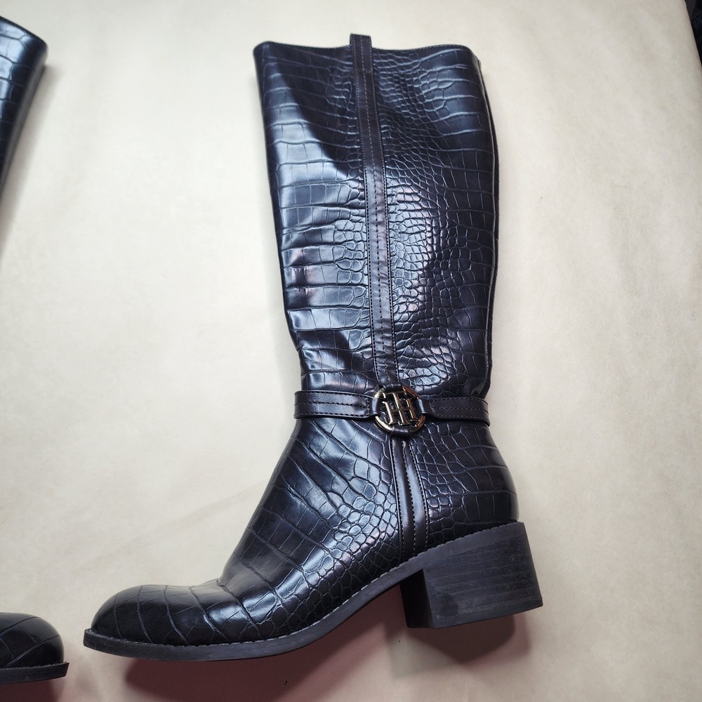 Tommy Hilfiger Womens Black Faux Croc Knee High Block Heel Boots Size 8M